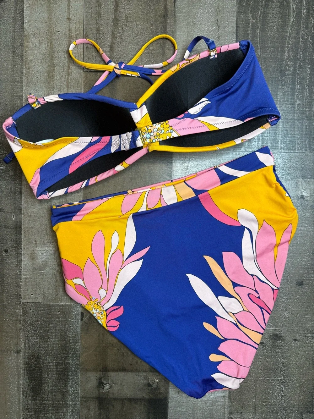 NWOT Trina Turk Breeze Pink & Yellow Floral High-Waist Bandeau Bikini Set sz 10